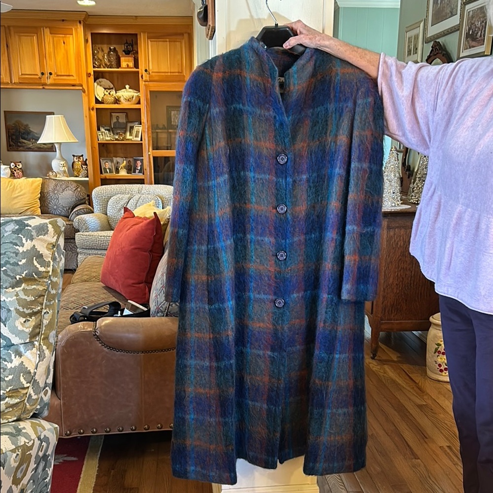 Plaid Long Wool Coat in Blue, Green and Brown